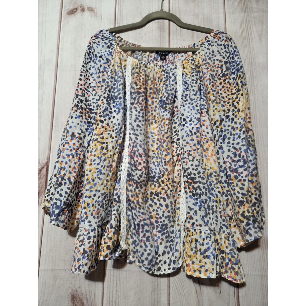Zac & Rachel XL Blouse Multi-Color Abstract Spot‎ Print Crochet Trim Ruffle Hem